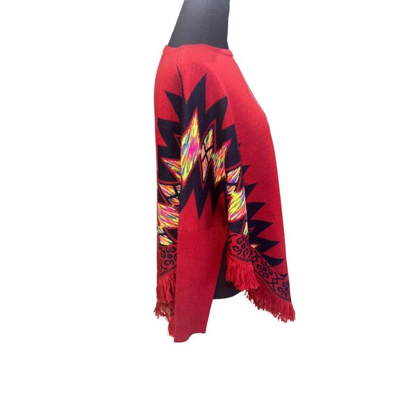 L&B Southwestern Aztec Boho Hippie Red Poncho Western Sweater Tribal Fringe m - Picture 7 of 9